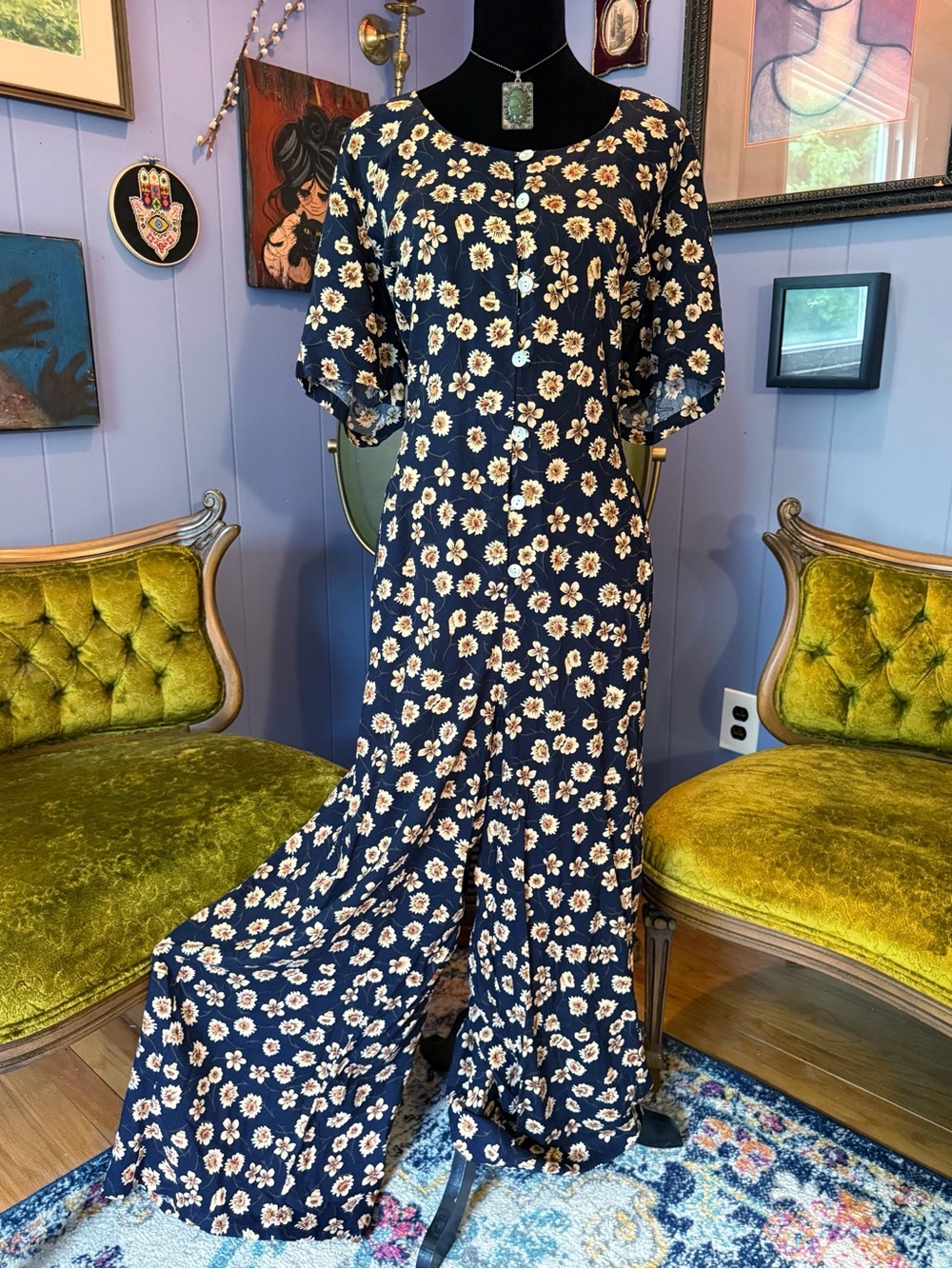 Women's Navy Floral Wide-Leg Jumpsuit